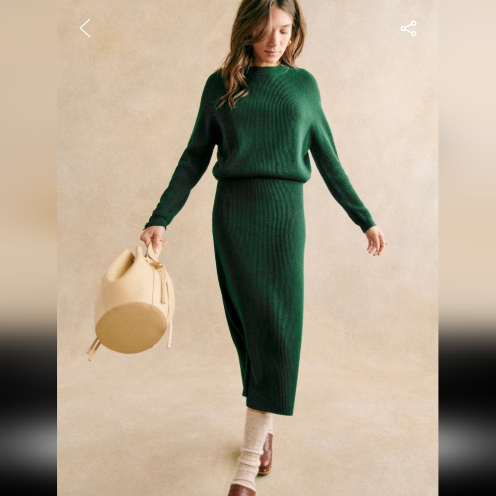 Sezane Naelle Merino Wool/ Organic Cotton Bottle Green Midi Skirt
